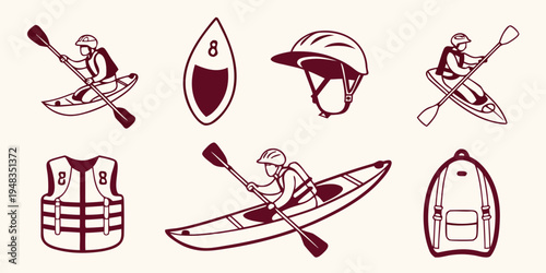 kayaking icons with various equipment and accessories Vector