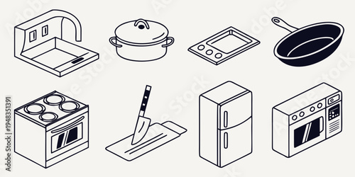 a collection of kitchen appliances and cooking tools Vector