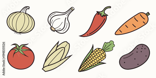 a colorful set of various vegetables and fruits Vector