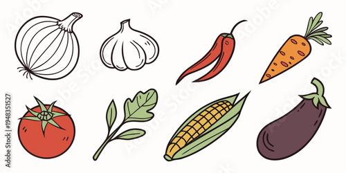 a collection of vegetables including onion, garlic, and carrot Vector