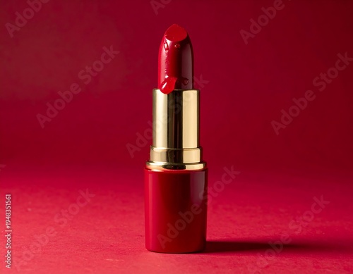 Shiny red lipstick with a droplet against matching backdrop