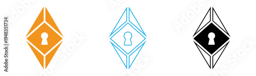 Three diamond shaped icons with keyhole designs in orange blue and black