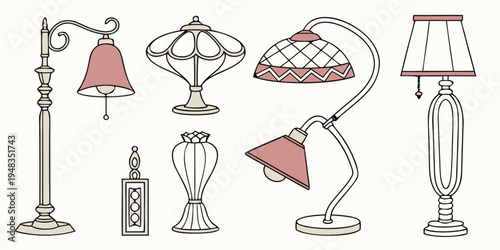 a collection of seven different lamps and lamp parts Vector