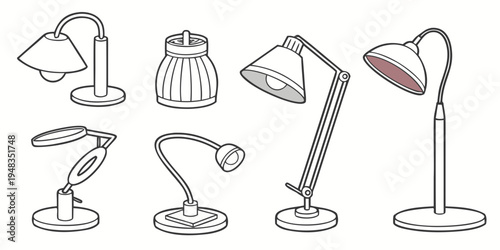 a collection of seven different desk lamps Vector