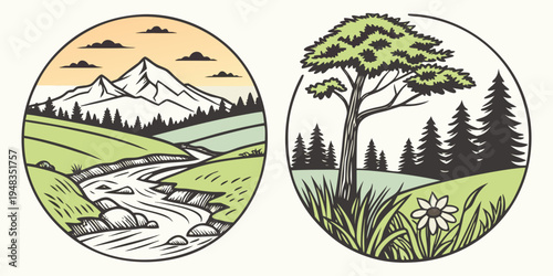 a pair of circular illustrations of natural landscapes Vector
