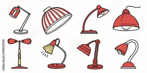a collection of various desk lamps in red and white Vector
