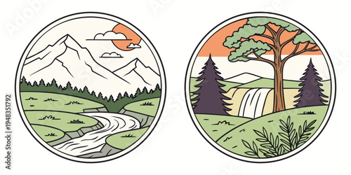 a pair of circular icons depicting serene landscapes Vector