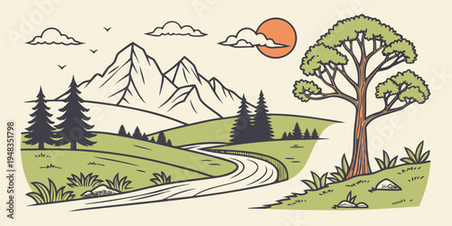 a tree stands on a hill with a mountain range in the background Vector