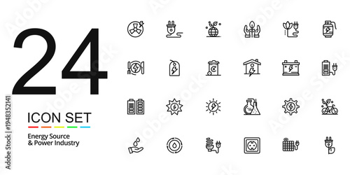 24 Energy Source & Power Industry Icons Set – Solar, Wind, Battery, Electric Power Symbols