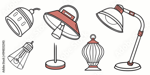 a set of six different desk lamps in various designs and styles Vector