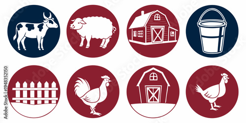 farm icons including animals and buildings Vector