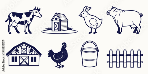 a collection of farm icons including animals and buildings Vector