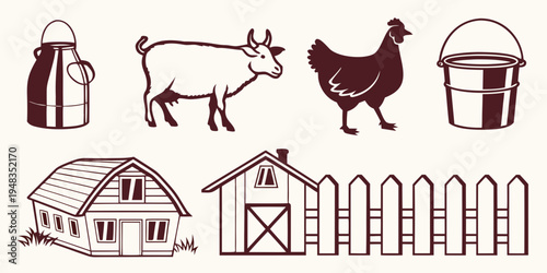 farm icons including barn and animals Vector