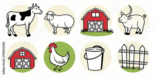 farm animals and buildings icons Vector