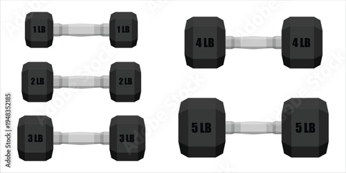 Various weight set for strength training or body building at the gym. Dumbbell hexagon shape collection