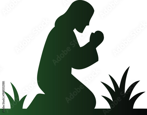 Silhouette of a woman holding a baby in her arms kneeling down on the ground with plants around her  motherhood