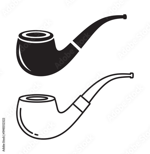 Smoking Pipe Icons Set in Solid Black and Outline Vector Illustration