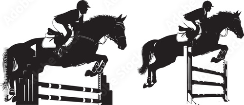 Show Jumping Horse and Rider Silhouettes in Black and White, Equestrian Sport Concept