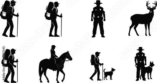 Black Silhouette Collection of Hikers Park Rangers Horse Rider and Deer Isolated on White Background for National Park Forest Outdoors and Wildlife Adventure Designs