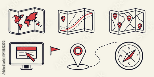a set of navigation icons including a map and compass Vector