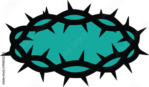 Tealcolored cartoon germ or bacteria with black spikes on white background for medical or scientific use  illustration