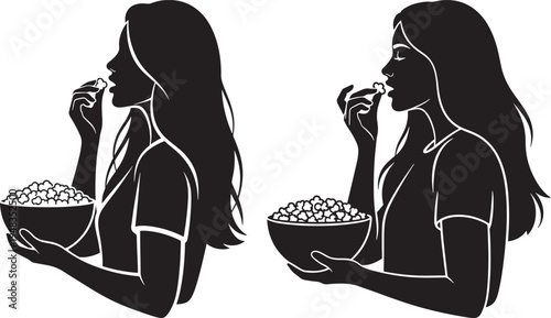 Woman Eating Popcorn Silhouette Vector Icon for Movie Night and Entertainment with Side Profile with Design Element with Comfort Food with Junk Food with Quick Snack