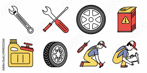 a set of car maintenance icons and tools Vector