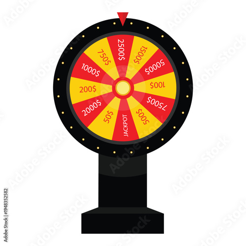 Wheel of fortune with pointer on $2500 win – casino jackpot spinning game icon
