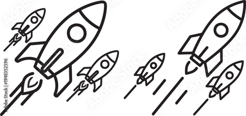 Launching Rockets Outline Icon Set for Startup, Innovation, and Space Exploration Concepts, Design Element, Science Fiction, Outer Space
