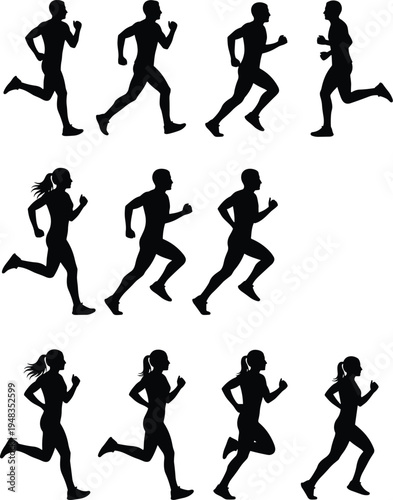 Collection of male and female runner silhouettes in various running and jogging poses isolated on white background for fitness marathon and athletic training designs