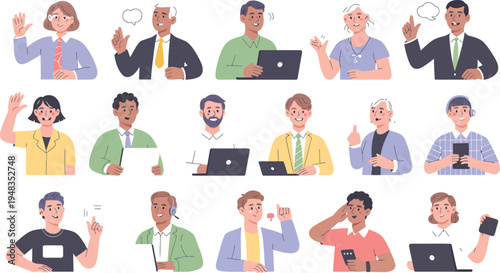 A digital illustration set featuring diverse people using laptops and phones.