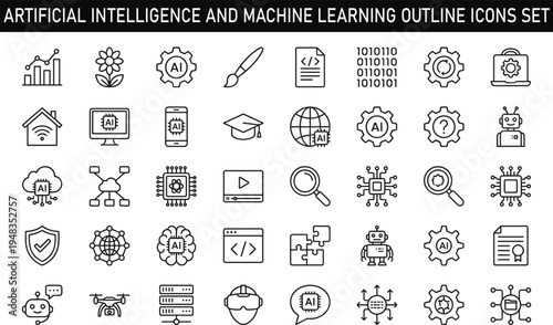 Artificial Intelligence and Machine Learning Outline Icons Set with AI Robot Neural Network Data Technology Line Vector Collection