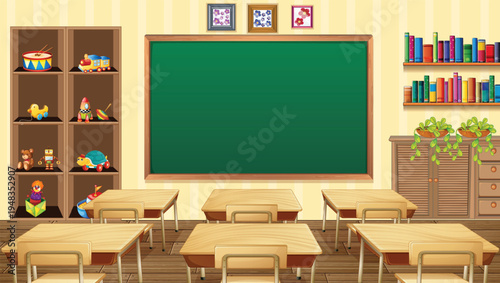 A typical classroom setting with desks and educational materials