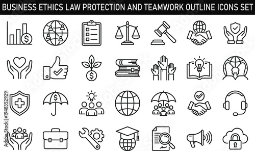 Business Ethics Law Protection and Teamwork Outline Icons Set with Justice Security Support and Education Vector Collection