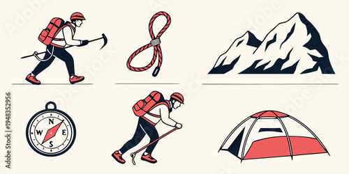 hiking and camping icons with mountains and climbing gear Vector