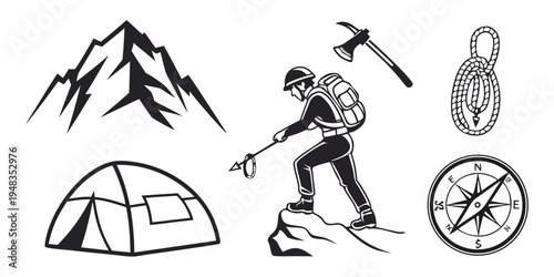 a man hiking on a mountain with camping gear Vector