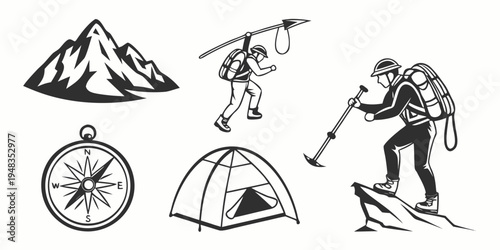 hiking and camping icons with mountain and compass Vector