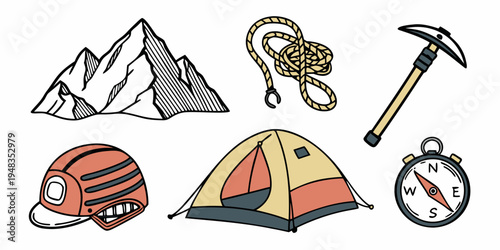 climbing and hiking equipment icons Vector