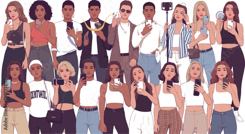 A vibrant illustration pack featuring diverse people with phones and drinks outdoors