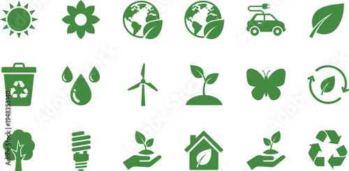 Assortment of essential green icons displays sun, flower, globe with leaf, electric vehicle, and various foliage.