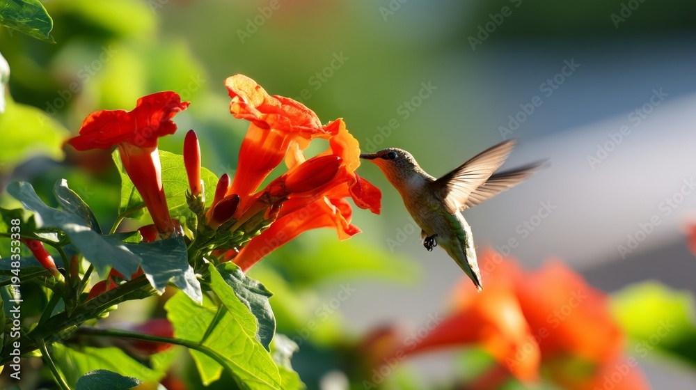 Fototapeta premium Hummingbird Hovering Near Cluster of Bright Red Trumpet Flowers