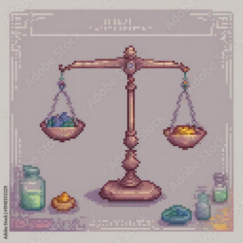 A pixel art image of a balance scale with various items on each side, possibly representing a weighing system or a magical scale.