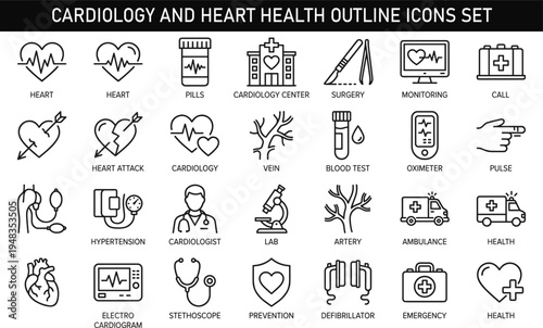 Cardiology and Heart Health Outline Icons Set with Medical Equipment Healthcare and Hospital Vector Collection