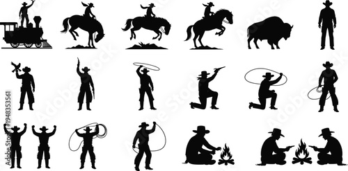Large Set of Wild West Cowboy Silhouettes Featuring Rodeo Riders Horseback Travel Outlaws Sheriffs and Campfires Isolated on White Background for Western Heritage Design Projects