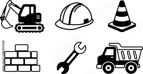 Black and white construction equipment icons including excavator hard hat traffic cone brick wall wrench and dump truck in flat design style