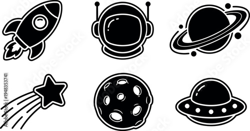 Black and white space icons set with rocket ship astronaut helmet planet with rings shooting star moon and flying saucer vector art collection