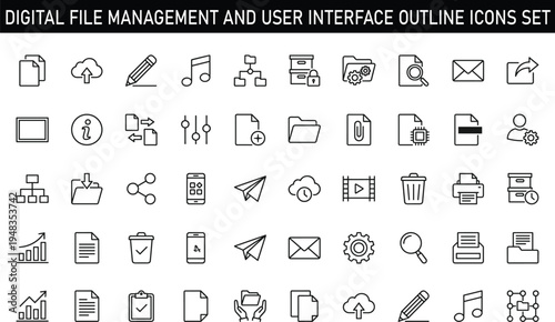 Digital File Management and User Interface Outline Icons Set with Document Upload Share Cloud Media Line Vector Collection