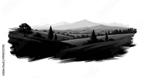 Serene black and white landscape with rolling hills trees and mountains in the background evoking a sense of calmness and tranquility in a rural setting