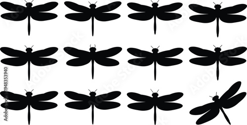 Dragonfly silhouette collection set with various insect shapes and flying poses isolated on white background vector illustration for summer nature logo or garden decoration design
