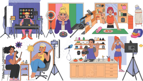 Diverse professionals create content with cameras and equipment in various settings.